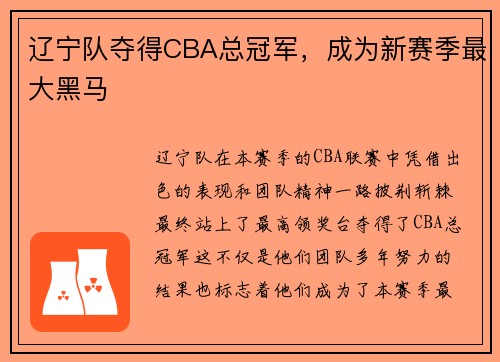 辽宁队夺得CBA总冠军，成为新赛季最大黑马