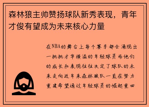 森林狼主帅赞扬球队新秀表现，青年才俊有望成为未来核心力量